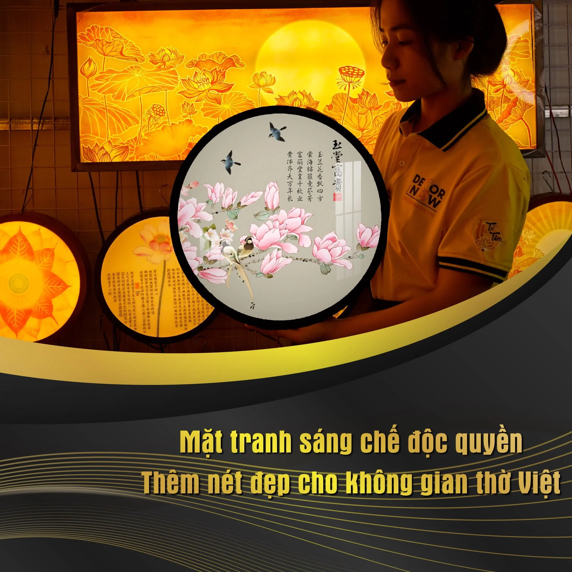 Tranh Đèn Hiện Đại In Tròn Chim Sẻ Hoa Anh Đào DECORNOW DCN-TC399 5 4 6