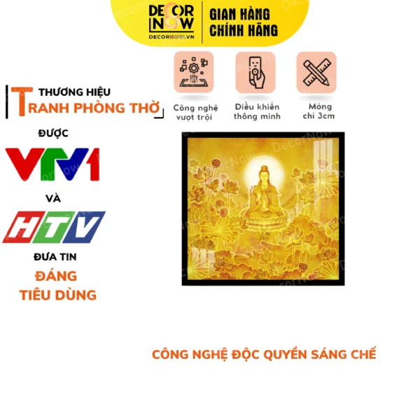 Tranh Trúc Chỉ In Vuông Hình Phật Quan Âm Họa Tiết Sen Trời DECORNOW DCN-TC154