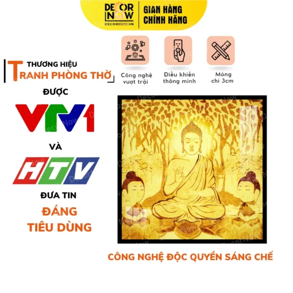 Tranh Trúc Chỉ In Vuông Phật Và Đệ Tử Họa Tiết Cây Bồ Đề Hoa Sen DECORNOW DCN-TC147