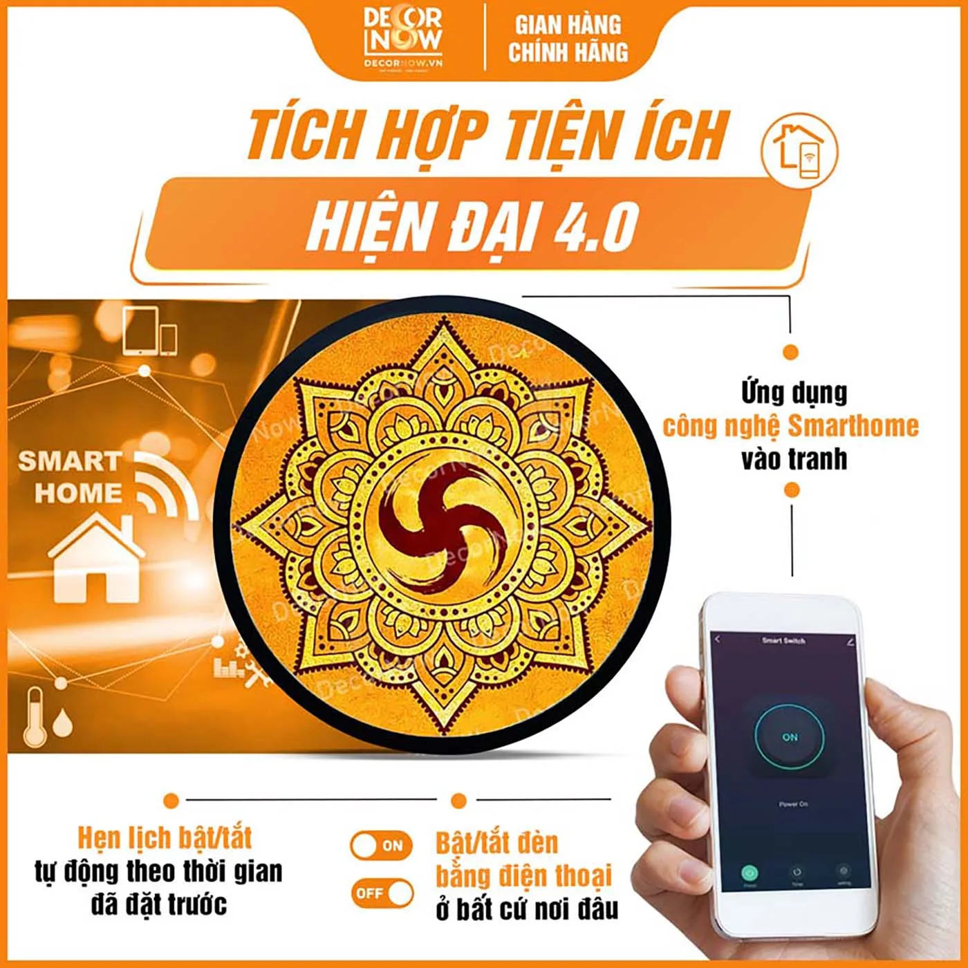 Công nghệ Smarthome tiện lợi trong tranh trúc chỉ tròn chữ Vạn họa tiết Mandala TC222