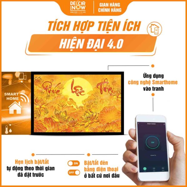 Công nghệ Smarthome trong tranh trúc chỉ in ngang chữ Phúc Lộc Thọ sen trời DecorNow TC313