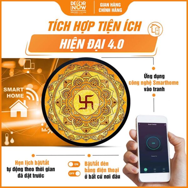 Công nghệ Smarthome trong tranh trúc chỉ in tròn Mandala chữ Vạn DecorNow TC219