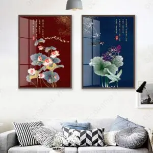 Tranh Treo Tường Tráng Gương Đôi Hoa Sen Đỏ Xanh - DECORNOW T105