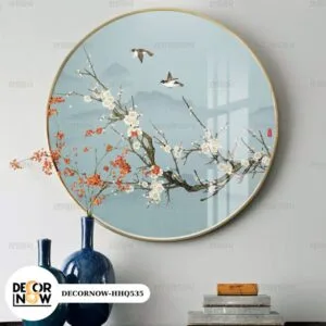 Tranh tráng gương tròn treo tường hoa mai đào và chim hiện đại HHQ535