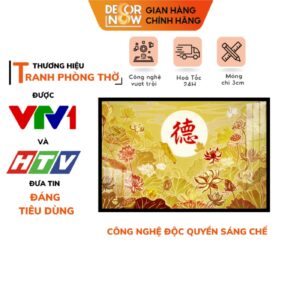 Tranh trúc chỉ in ngang họa tiết hoa sen bầu trời và chữ thư pháp TC89 DecorNow