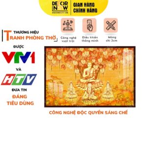 Tranh trúc chỉ in ngang họa tiết Phật ngồi dưới cây bồ đề hoa sen TC274