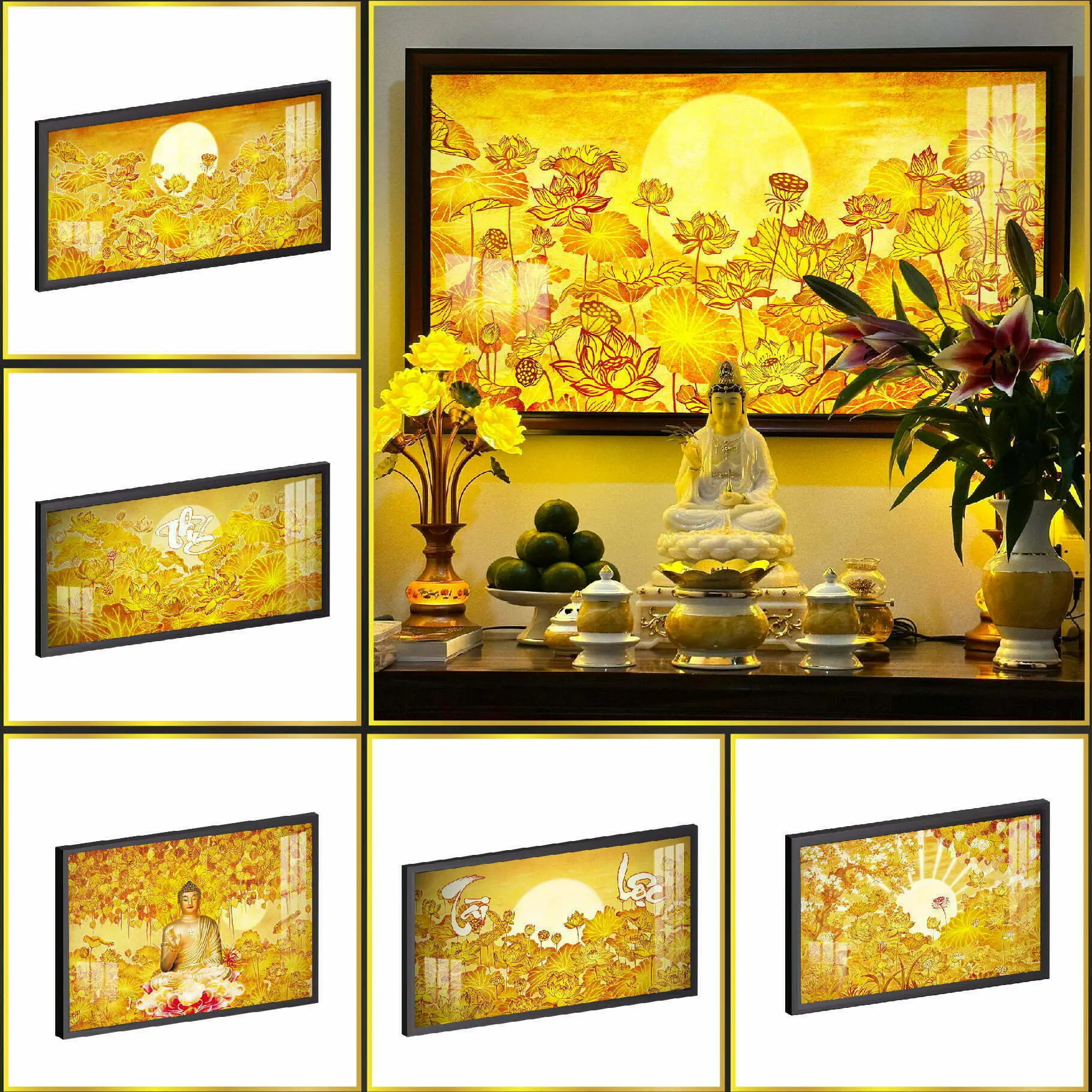 Tranh Trúc Chỉ In Ngang Phật Họa Tiết Hoa Sen Tia Trời DECORNOW DCN-TC101 2 1 1
