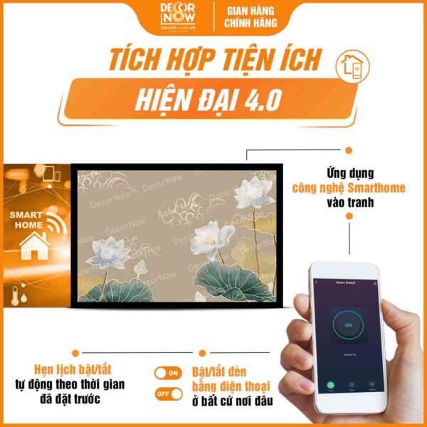 Công nghệ Smarthome trong tranh đèn hiện đại treo tường in ngang sen mây DecorNow HD440