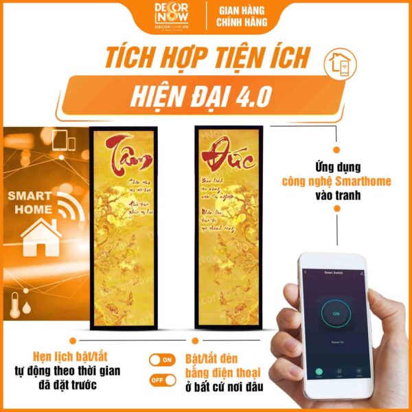 Công nghệ Smarthome trong tranh trúc chỉ in đối sen trăng DecorNow TC444