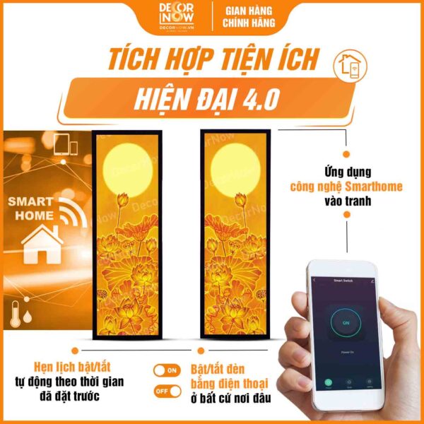 Công nghệ Smarthome trong tranh trúc chỉ in đối sen trăng DecorNow TC444