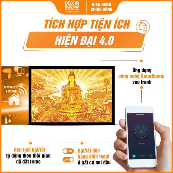 Công nghệ Smarthome trong tranh trúc chỉ in ngang hình Quan Thế Âm Bồ Tát DecorNow TC450