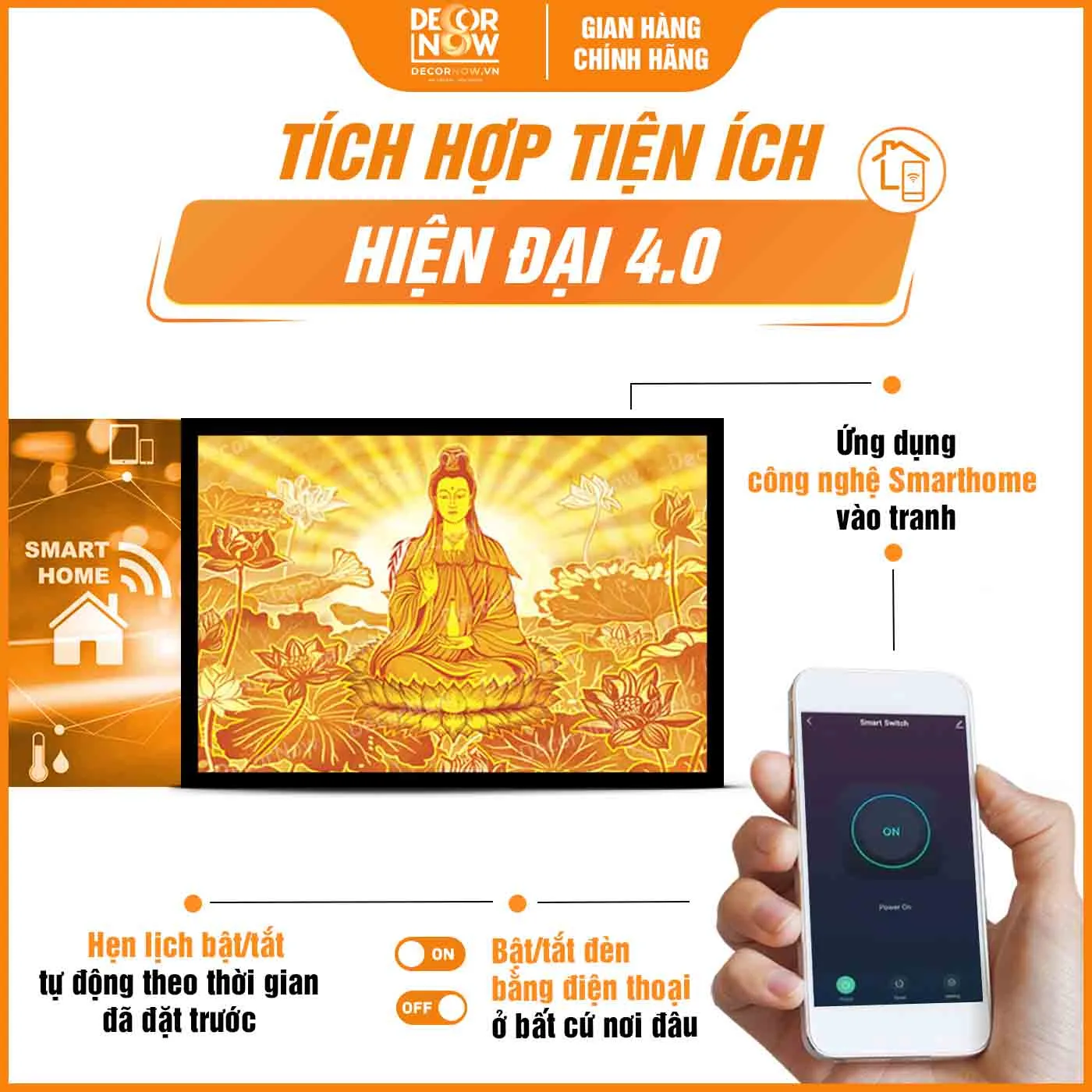 Tranh Trúc Chỉ In Ngang Hình Phật Quan Thế Âm Bồ Tát DecorNow TC450 23 Công nghệ Smarthome trong tranh trúc chỉ in ngang hình Quan Thế Âm Bồ Tát DecorNow TC450
