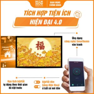 Công nghệ Smarthome trong tranh trúc chỉ in ngang hoa sen trăng và chữ Hán DecorNow TC441