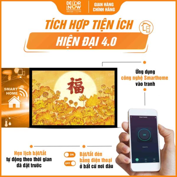 Công nghệ Smarthome trong tranh trúc chỉ in ngang hoa sen trăng và chữ Hán DecorNow TC441