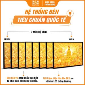 Hệ thống đèn tích hợp trong tranh trúc chỉ in ngang hình Quan Thế Âm Bồ Tát DecorNow TC450