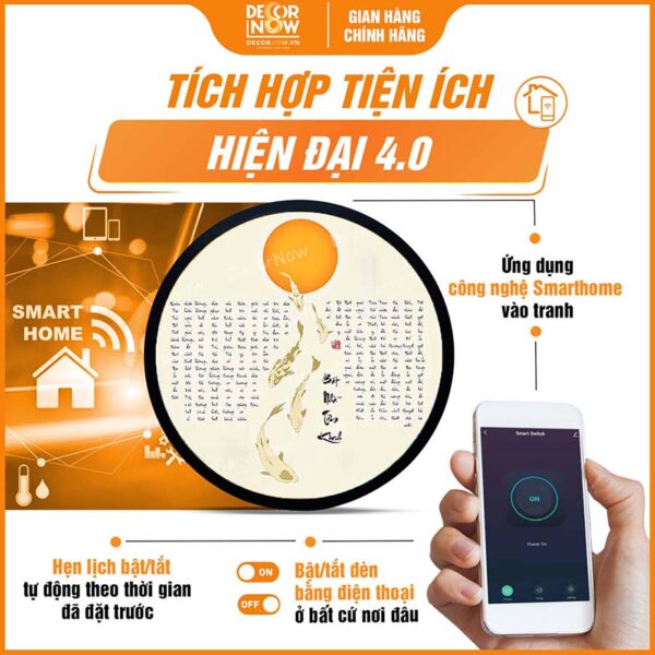 Công nghệ Smarthome trong tranh đèn hào quang Bát Nhã Tâm Kinh tròn cá chép trời TC474