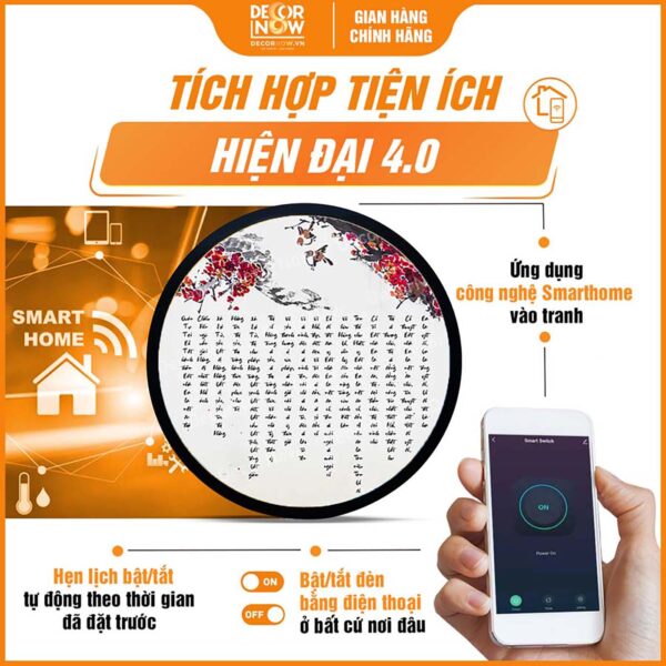 Công nghệ Smarthome trong tranh đèn hào quang Bát Nhã Tâm Kinh tròn hoa mai sẻ TC475