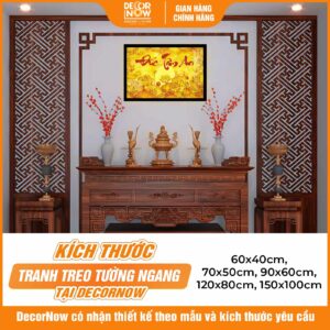 Kích thước tranh trúc chỉ in ngang chữ Đức Tâm An kèm hoa sen mã TC538