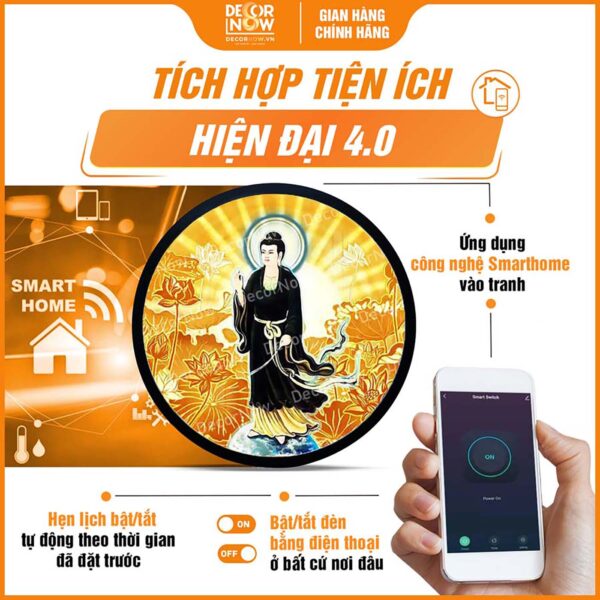 Công nghệ Smarthome trong đèn tranh trúc chỉ Diêu Trì Địa Mẫu kèm hoa sen DecorNow TC533