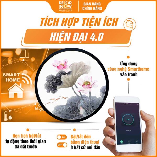 Công nghệ Smarthome trong tranh đèn hiện đại tròn hoa sen cá nền trắng HD91