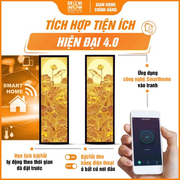 Công nghệ Smarthome trong tranh trúc chỉ in đối hoa sen có tia sáng DecorNow TC530