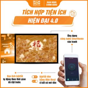 Công nghệ Smarthome trong tranh trúc chỉ in ngang hoa sen và chữ phúc màu đỏ DecorNow TC503