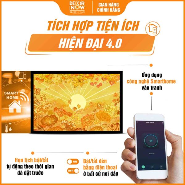 Công nghệ Smarthome trong tranh trúc chỉ in ngang lá bồ đề và hoa lá sen DecorNow TC505