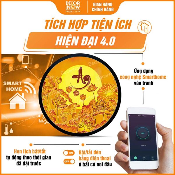 Công nghệ Smarthome trong tranh trúc chỉ in tròn chữ An và hoa sen DecorNow TC496