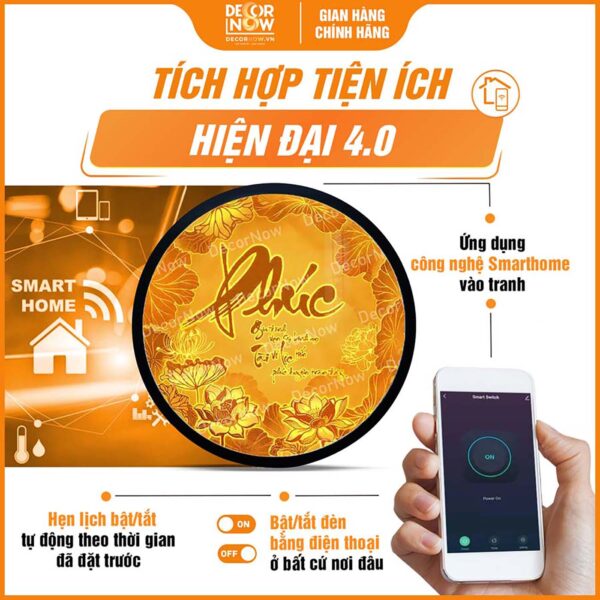 Công nghệ Smarthome trong tranh trúc chỉ tròn chữ Phúc hoa sen TC524