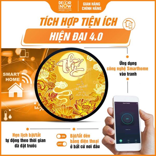 Công nghệ Smarthome trong tranh trúc chỉ tròn chữ Phúc vân sen trời TC526