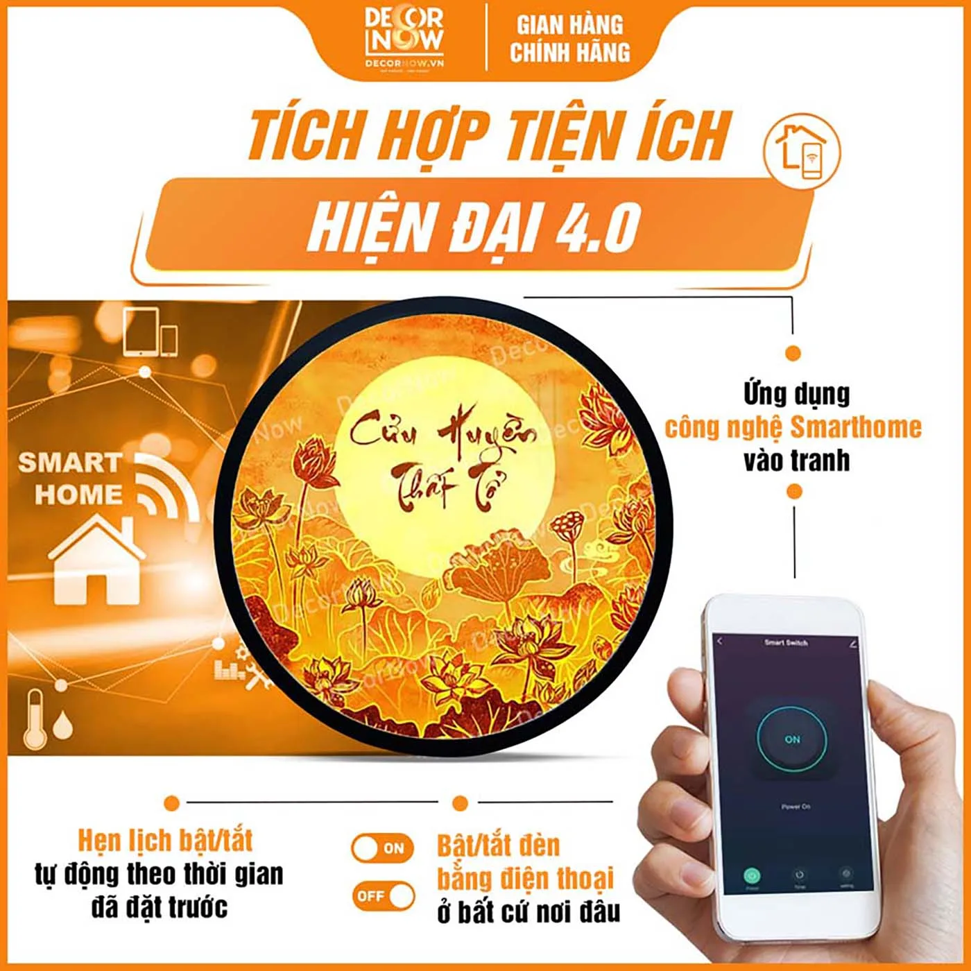 Tranh Trúc Chỉ In Tròn Cửu Huyền Thất Tổ Thư Pháp Sen Trời DecorNow TC531 6 Công nghệ Smarthome trong tranh trúc chỉ in tròn hoa sen kèm cửu huyền thất tổ DecorNow TC531