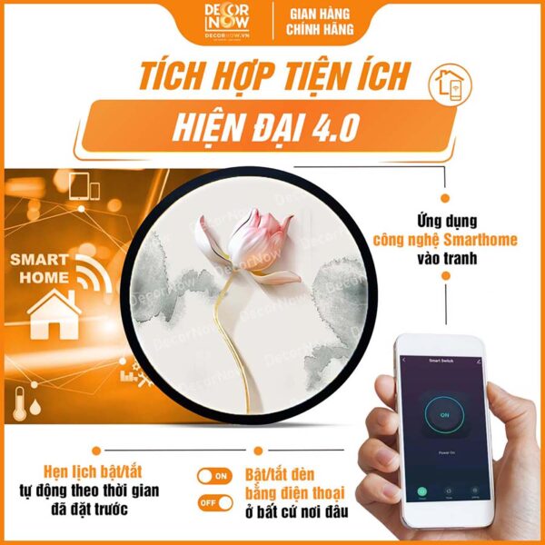 Công nghệ Smarthome trong tranh trúc chỉ tròn hoa sen kiểu 1 có loang TC479