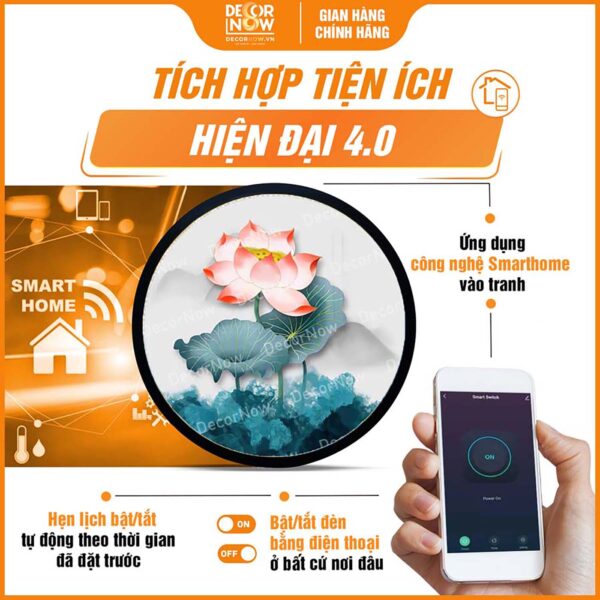 Công nghệ Smarthome trong tranh trúc chỉ tròn hoa sen lá xanh ngọc bích TC489