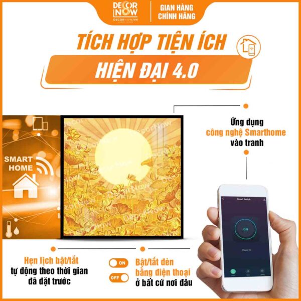 Công nghệ Smarthome trong tranh trúc chỉ in vuông sen tia trời DecorNow TC541