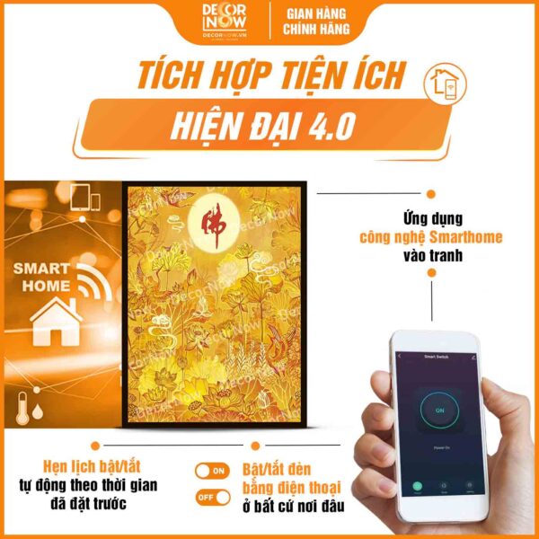 Công nghệ trong tranh trúc chỉ in đứng chữ Phật hoa sen hạc và vân trời DecorNow TC513