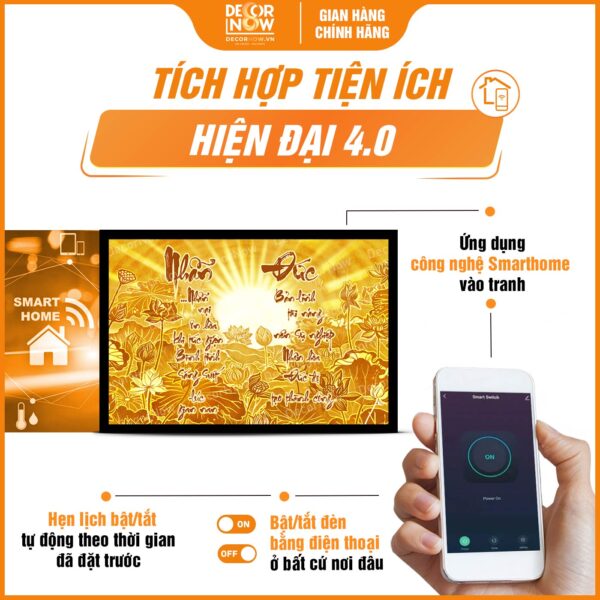 Công nghệ trong tranh trúc chỉ in ngang chữ "Nhẫn Đức" cùng hoa sen DecorNow TC534