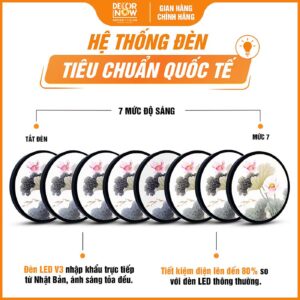 Hệ thống đèn tích hợp trong tranh đèn hiện đại tròn hoa sen cá nền trắng HD91