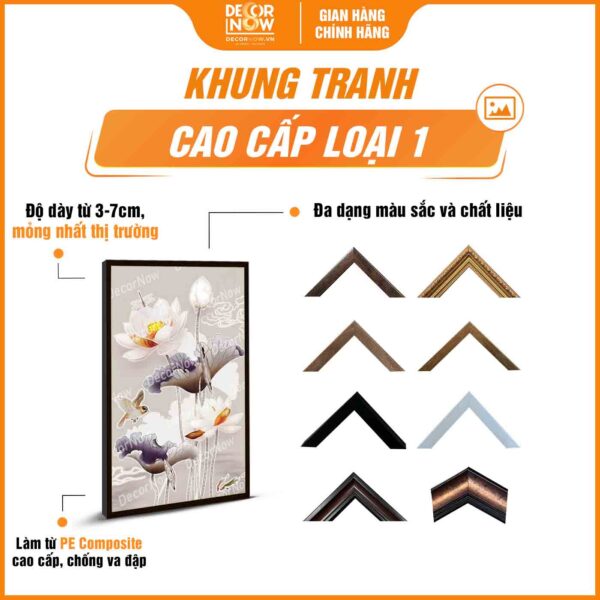 Khung tranh đèn hiện đại in đứng treo tường hoa sen chim đầu xám xanh DecorNow HD35