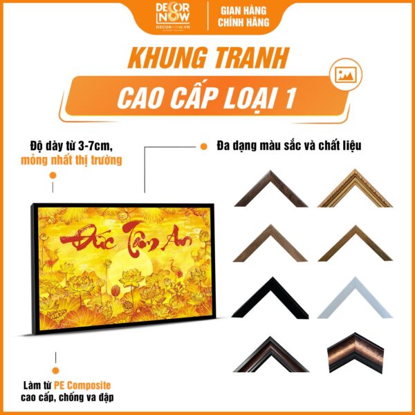 Khung tranh trúc chỉ in ngang chữ Đức Tâm An kèm hoa sen mã TC538