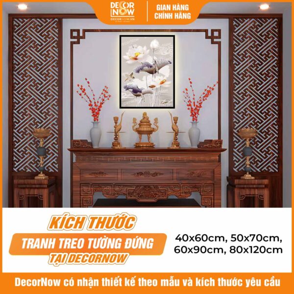 Kích thước phong thủy tranh đèn hiện đại in đứng treo tường hoa sen chim đầu xám xanh DecorNow HD35