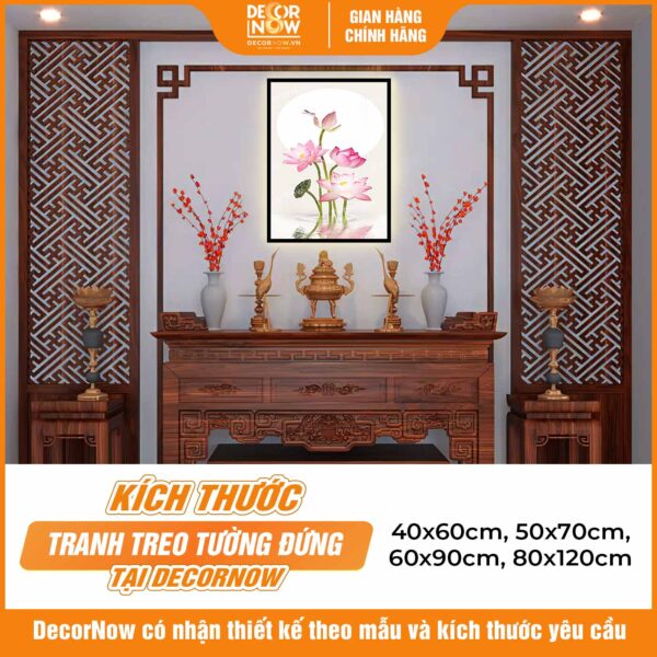 Kích thước phong thủy tranh treo tường in đứng hoa sen hồng HD2