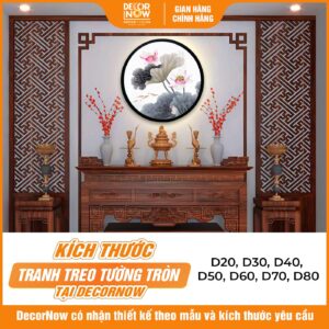 Kích thước tranh đèn hiện đại tròn hoa sen cá nền trắng HD91