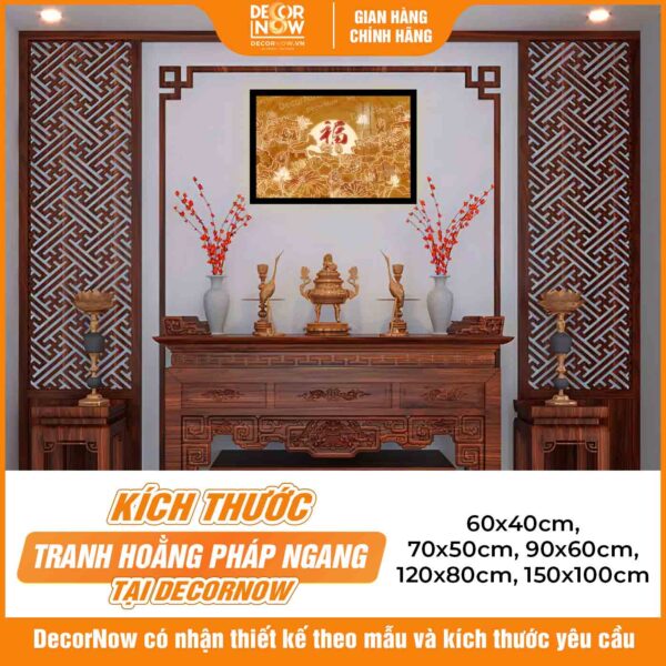 Kích thước tranh trúc chỉ in ngang hoa sen và chữ phúc màu đỏ DecorNow TC503