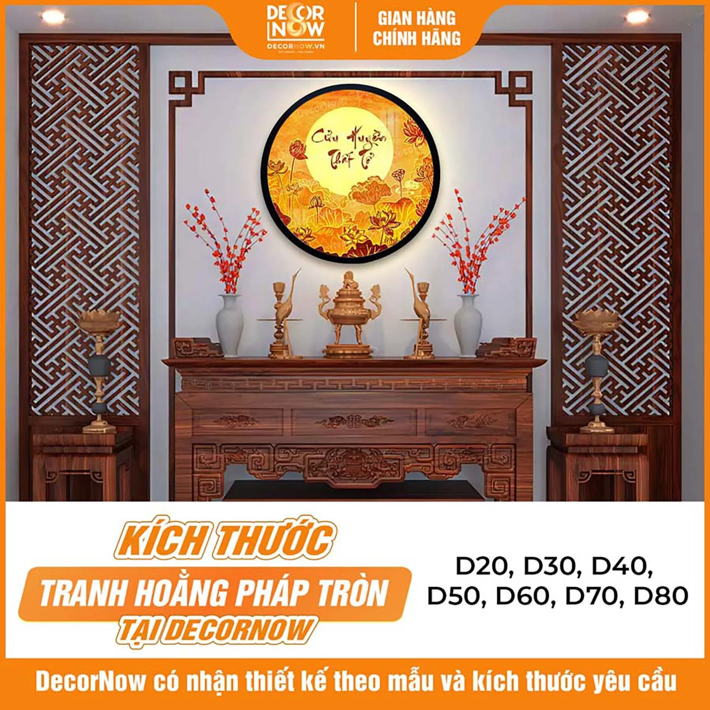 Tranh Trúc Chỉ In Tròn Cửu Huyền Thất Tổ Thư Pháp Sen Trời DecorNow TC531 7 Kích thước tranh trúc chỉ in tròn hoa sen kèm cửu huyền thất tổ DecorNow TC531