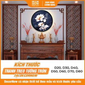 Nhiều kích thước trong tranh hiện đại tròn hoa sen nền xanh dương đậm HD52