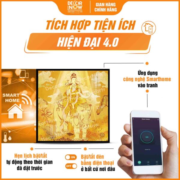 Công nghệ Smarthome trong tranh trúc chỉ in vuông hình Phổ Hiền Bồ Tát DecorNow TC555