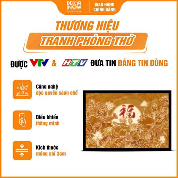 Tổng quan tranh trúc chỉ in ngang hoa sen và chữ phúc màu đỏ DecorNow TC503