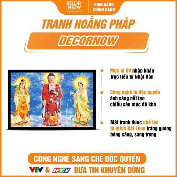 Bề mặt tranh đèn hiện đại in ngang Tam Thế Phật trời xanh dương DecorNow HD793