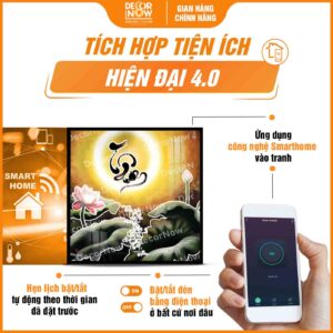 Công nghệ Smarthome tiện lợi trong tranh hiện đại in vuông hoa sen chữ Tâm DecorNow HD59