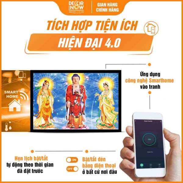 Công nghệ Smarthome trong tranh đèn hiện đại in ngang Tam Thế Phật trời xanh dương DecorNow HD793